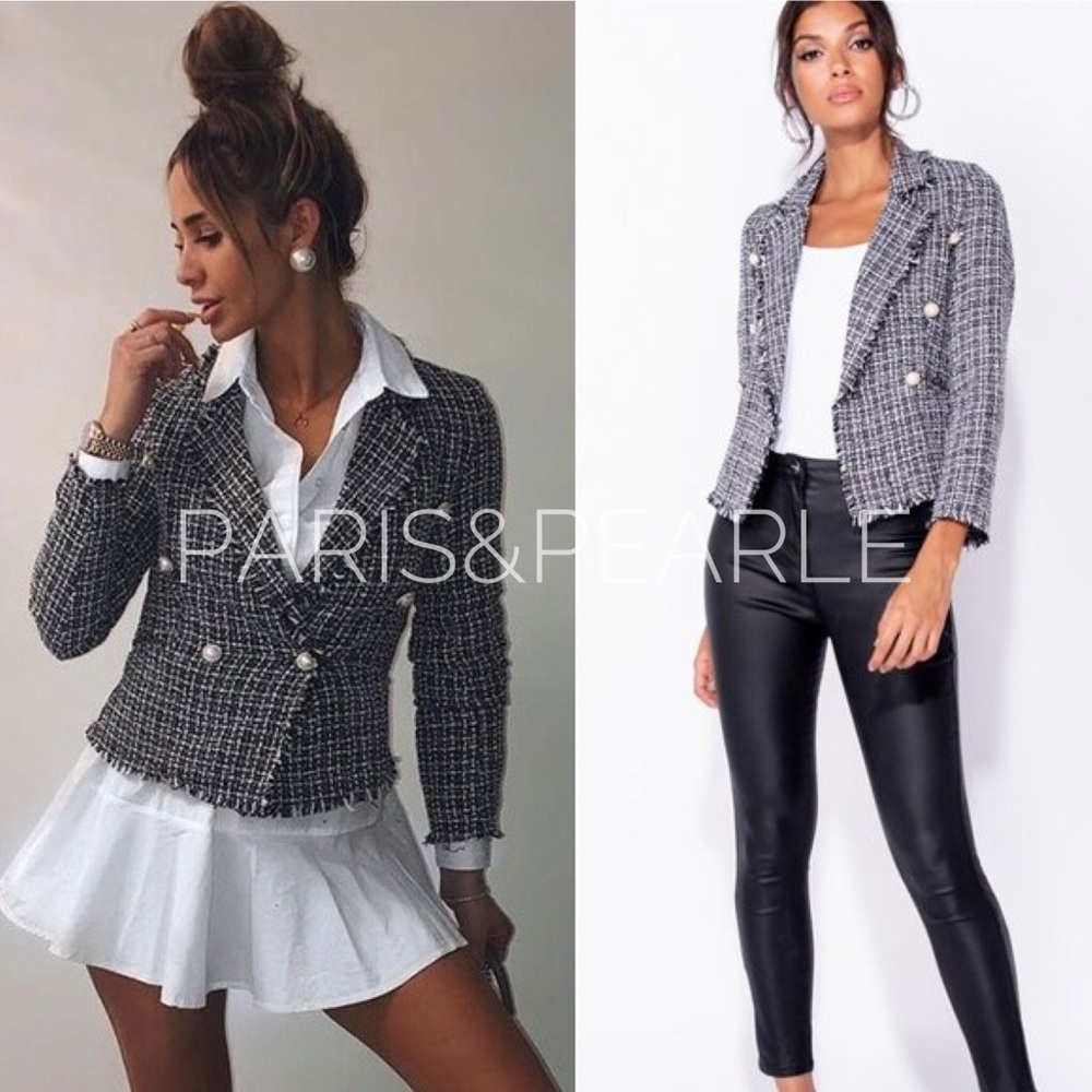 Trist Black & White Pearl Detail Tweed Blazer